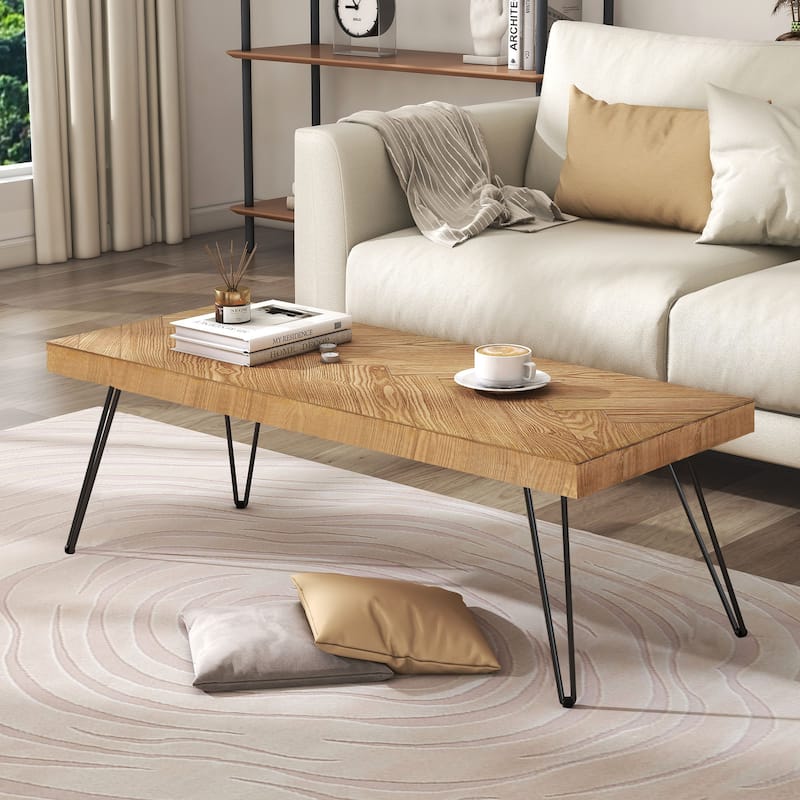 2.7"Thicken Coffee Table with w/Chevron Pattern and Metal Legs - Natural - MDF