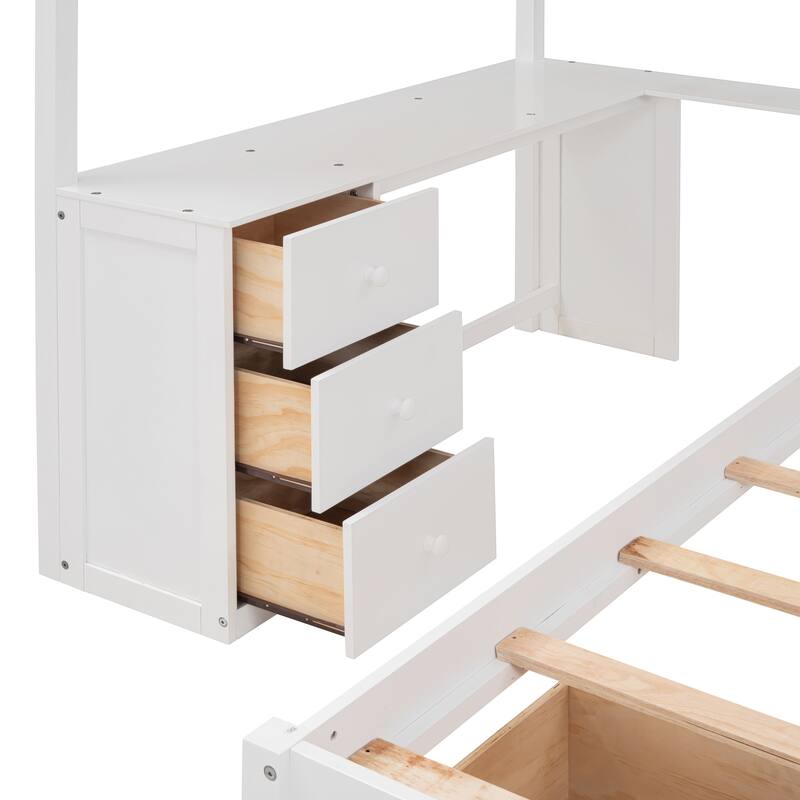 Full Over Twin Bunk Bed with Desk, Drawers, and Shelves in White