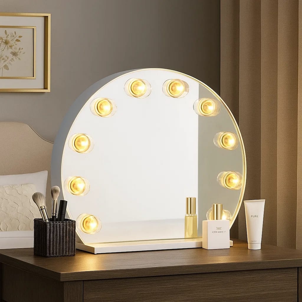 18 Inch Modern Round Accent Mirror, 10 Bulb Sockets, Glass Panel, Silver