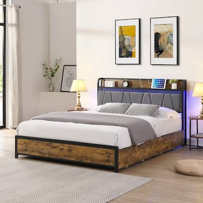 Full Size Bed Frame with Charging Station and LED Lights