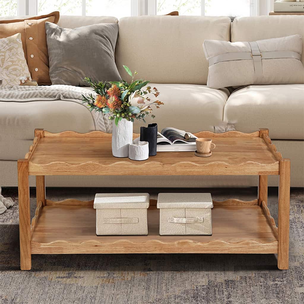 Modern 2 Tier Coffee Table for Living Room Furniture, Rectangular Center Table with Open Storage Shelf, Solid Rubberwood Legs