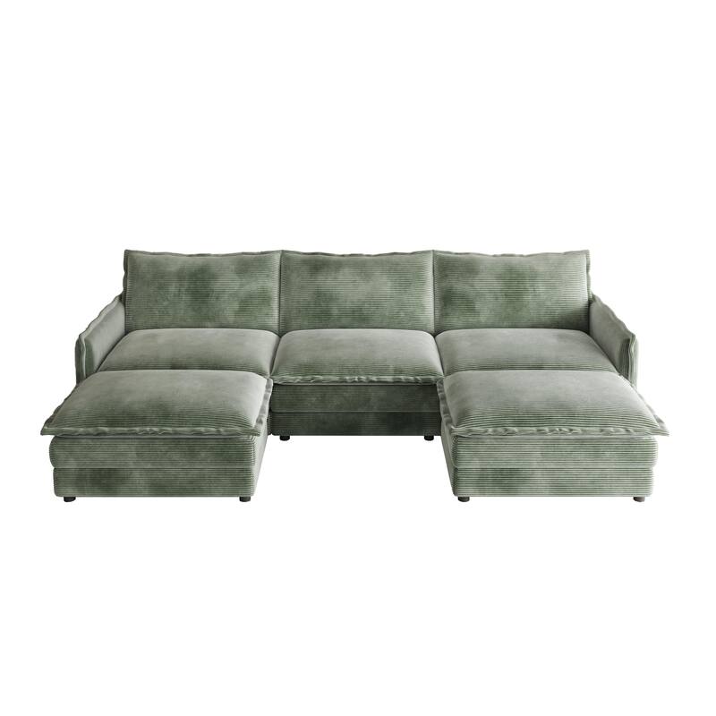 Corduroy Upholstered Modular Sectional Sofa U Shaped Cloud Couches with 2 Ottomans - Green