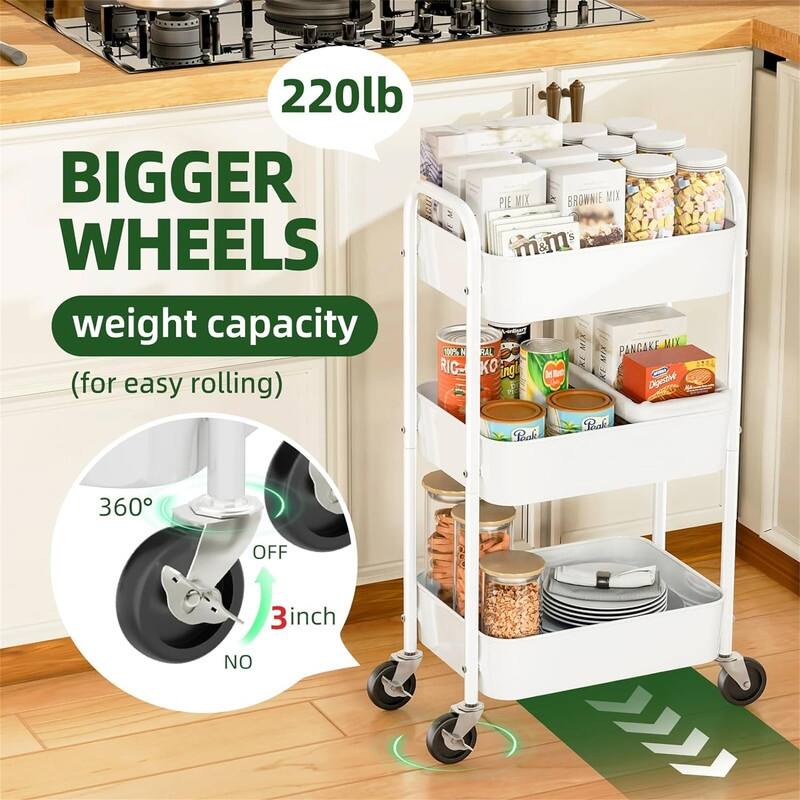 3 Tier Metal Cart on Wheels - 17.75"D x 12.25"W x 31.75"H