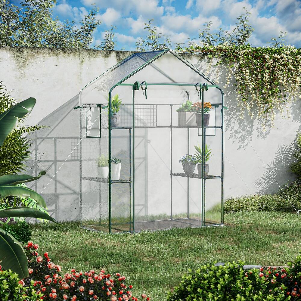 Outsunny Outdoor Walk-in Mini Greenhouse with Mesh Door & Windows, Small Portable Garden Hot House