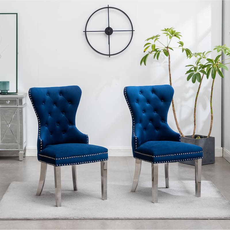 Tufted Velvet Dining Chairs, Nail Head Trim Chairs, Blue Kitchen Side Comfy Chairs, Banquet Club Guest Office Chairs Set of 2