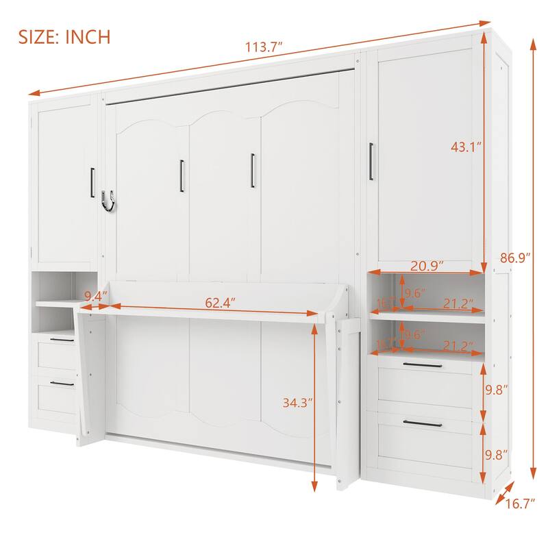 Queen Size Wall Bed with Closet, Drawers, and Shelves in White