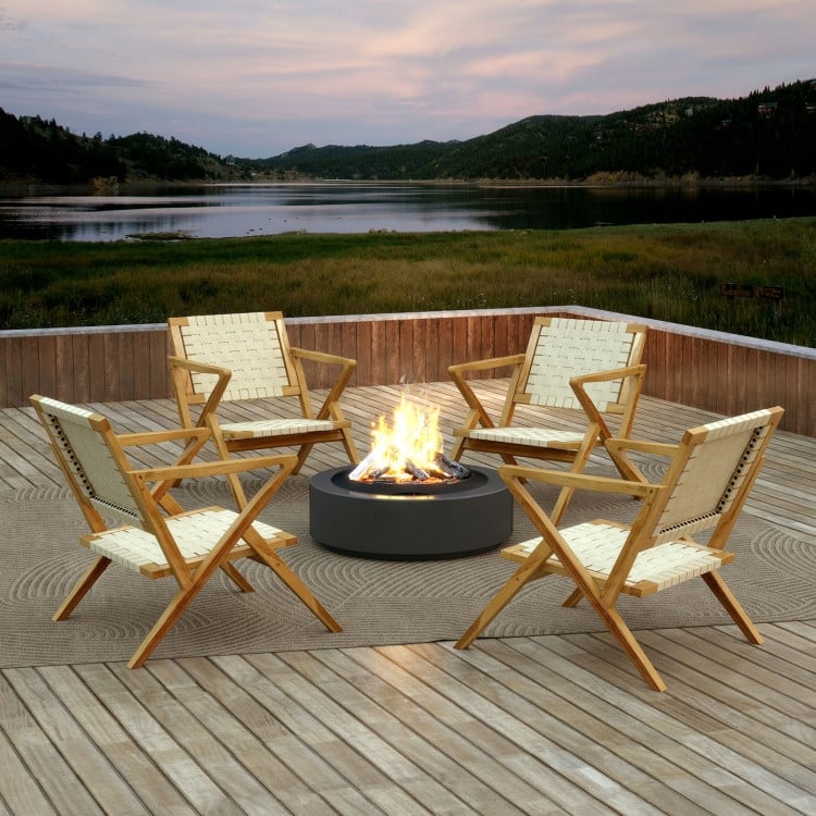 Natural Teak Wood Outdoor Accent Chair with PP Webbing Ergonomic - 33.5" x 25" x 29.5"