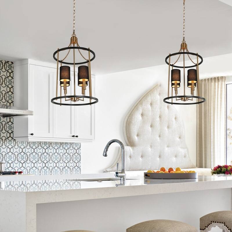 Evaie Modern Farmhouse 4-light Candle Chandelier Dimmable with Black Fabric Shade - D13.5'' x H88''