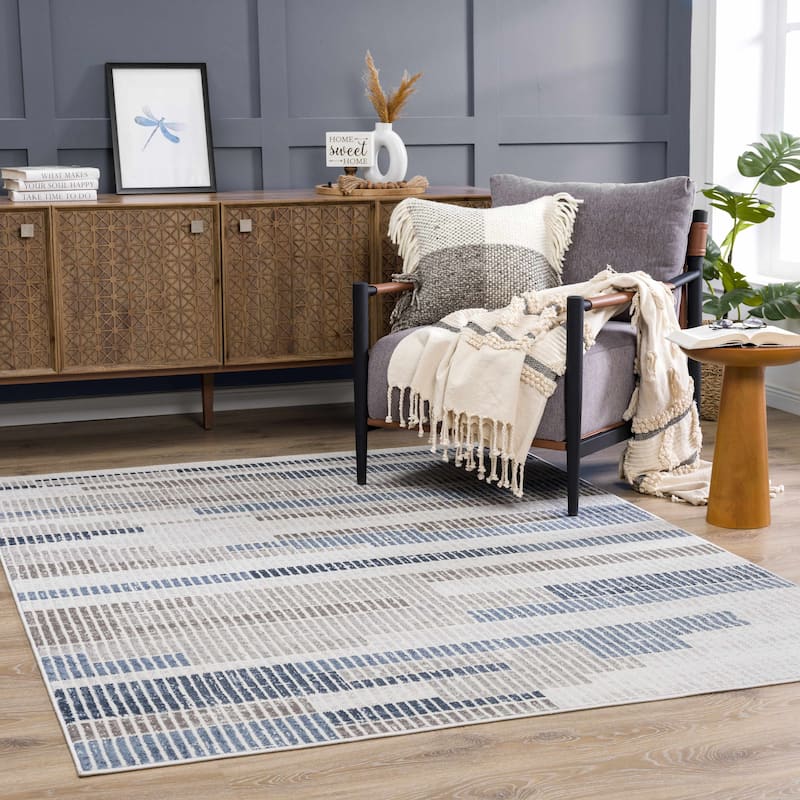 Hauteloom Calum Living Room, Bedroom Area Rug - Farmhouse - High Pile - Pink,Gray - 7'9" x 9'6" - 5'2" x 7' - Blue, Grey, Brown, Beige
