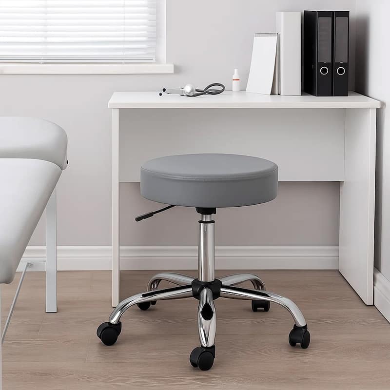 Fea Medical Swivel Stool, Round Gray Padded Seat, Rolling Chrome Base