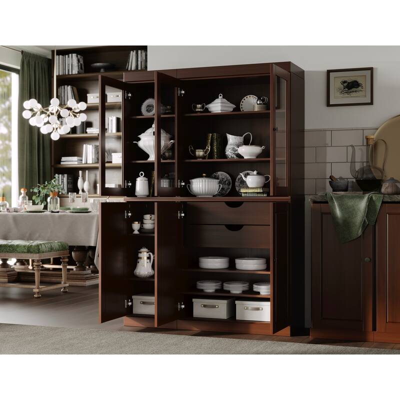 Palace Imports 100% Solid Wood Pantry China Cabinet, Raised Panel & Clear Glass Doors, 2 Drawers, 48.5" Wide, 71.5" Tall - Mocha