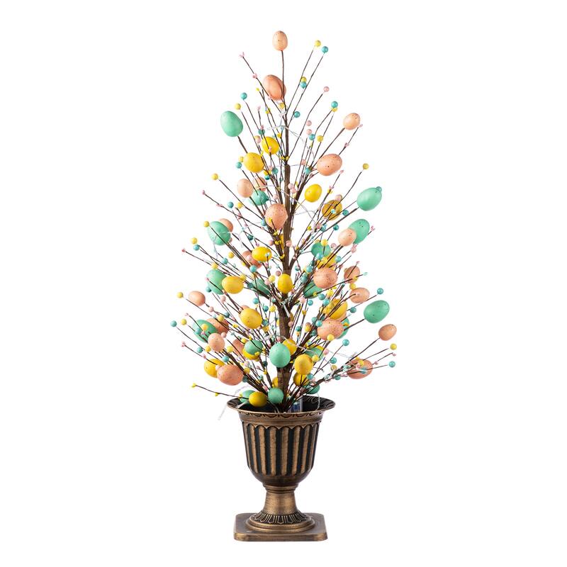 Glitzhome 36"H Easter Egg Berries Flower Urn Porch Tree with 20 Warm White Lights and Timer - Single-Egg & Berries