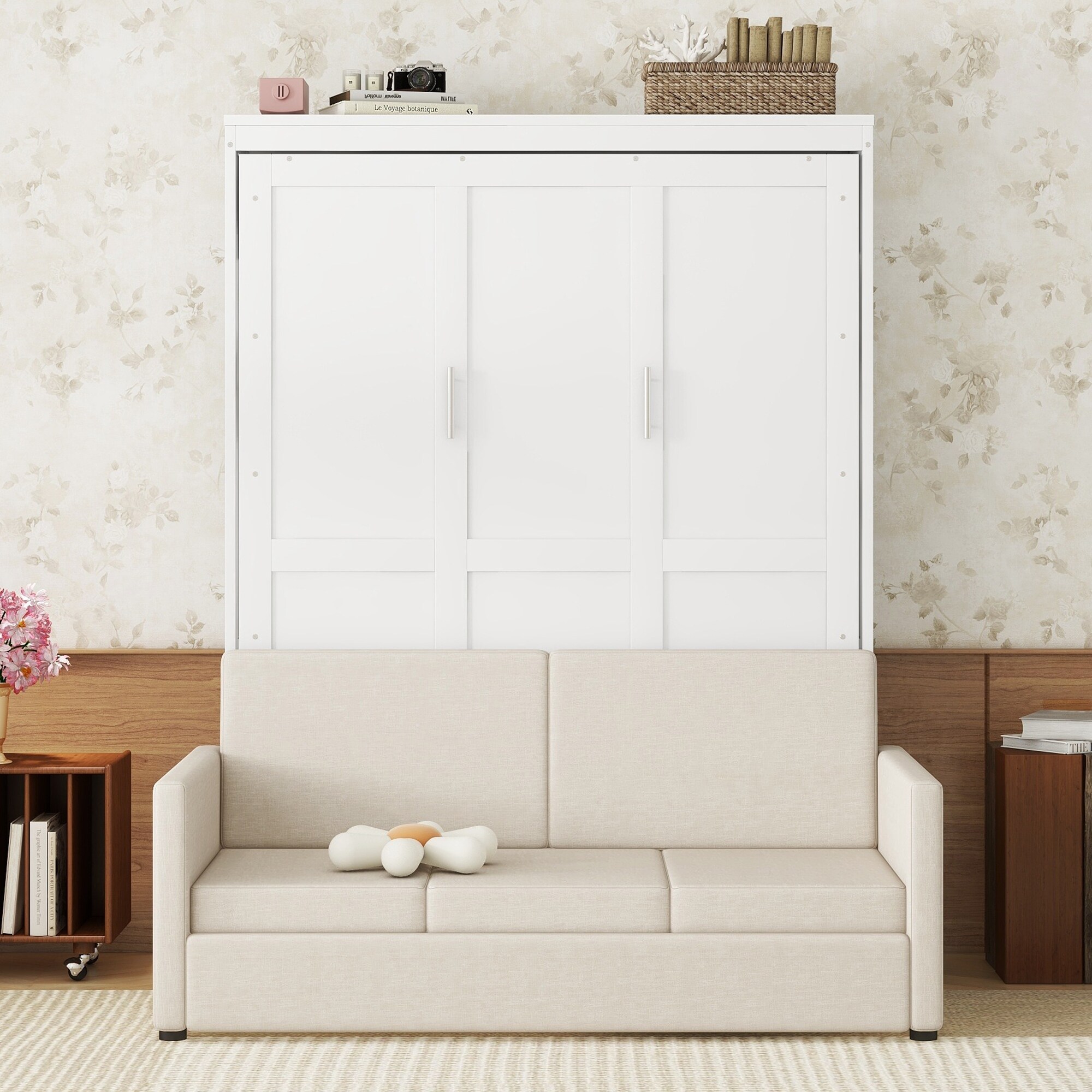Foldable Bed wRecliner Sofa Murphy Bed Frame Wall Bed with Daybed White Beige Sofa Queen
