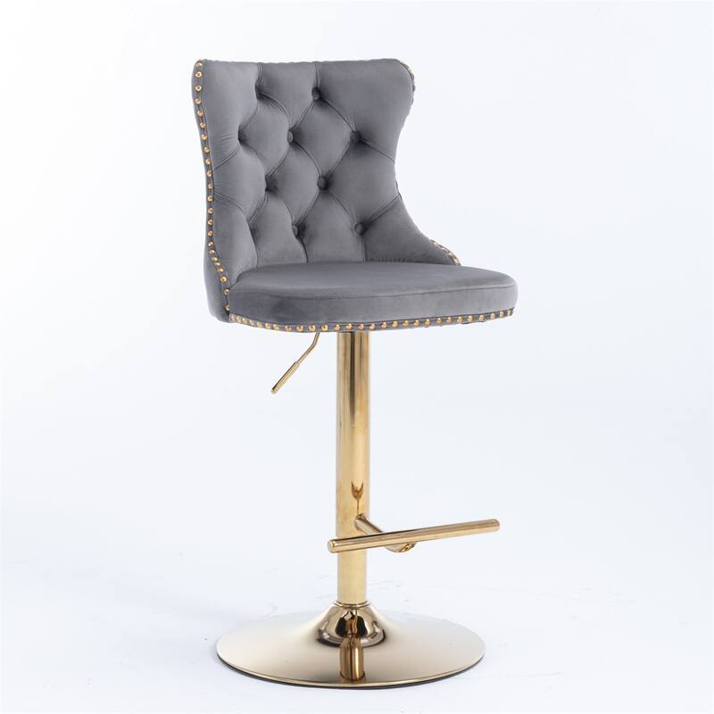 2 Piece Adjustable Swivel Velvet Upholstered Barstool with Golden Base