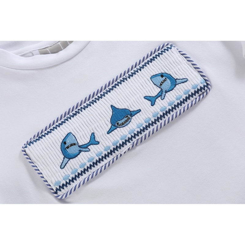 White Shark Smocked Tee and Navy Stripe Shorts Set