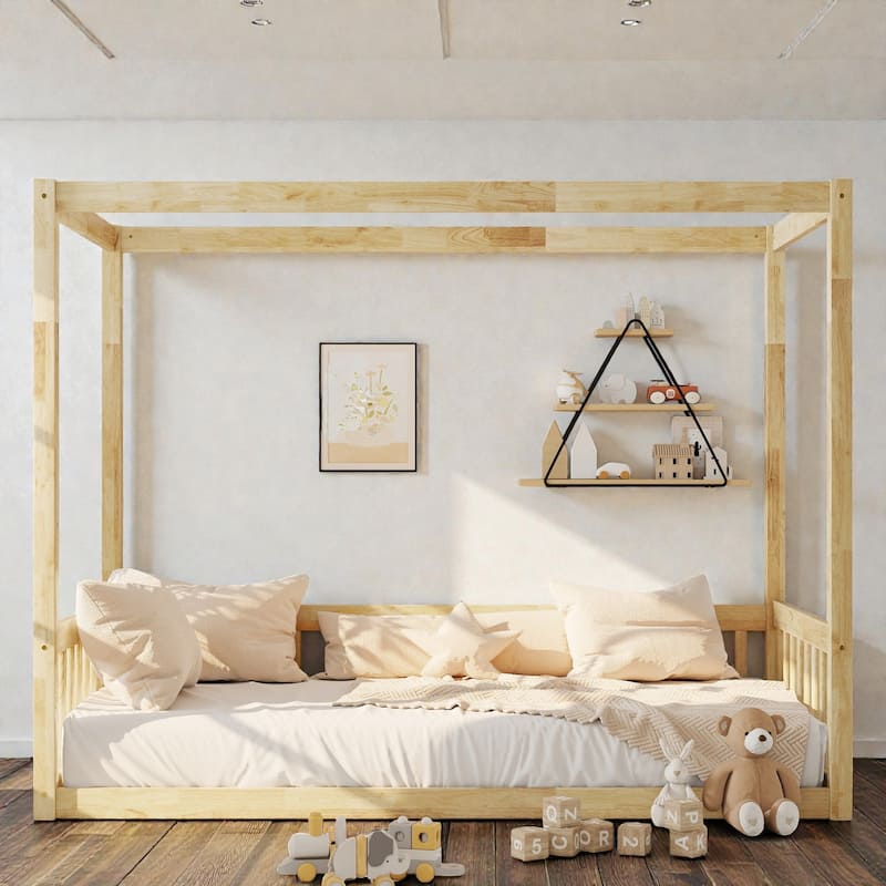 Twin Size Wooden Canopy Floor Bed with Guardrails and Fence, Low Profile Kids Bed Frame, No Box Spring Needed - Natural - Twin
