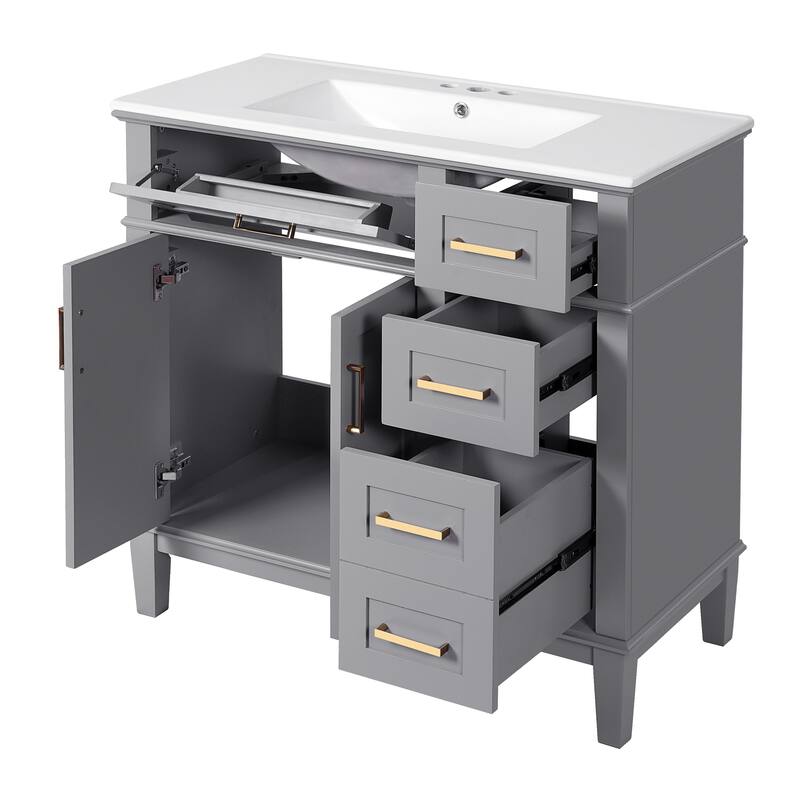 36 inch Bathroom Vanity with Ceramic Sink, Soft Close Doors, 4 Drawers