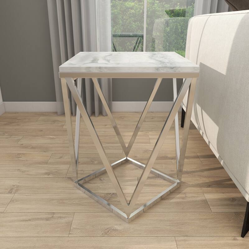 Stainless Steel Metal Geometric Accent Table with Marble Top - Silver - Roche River Decor
