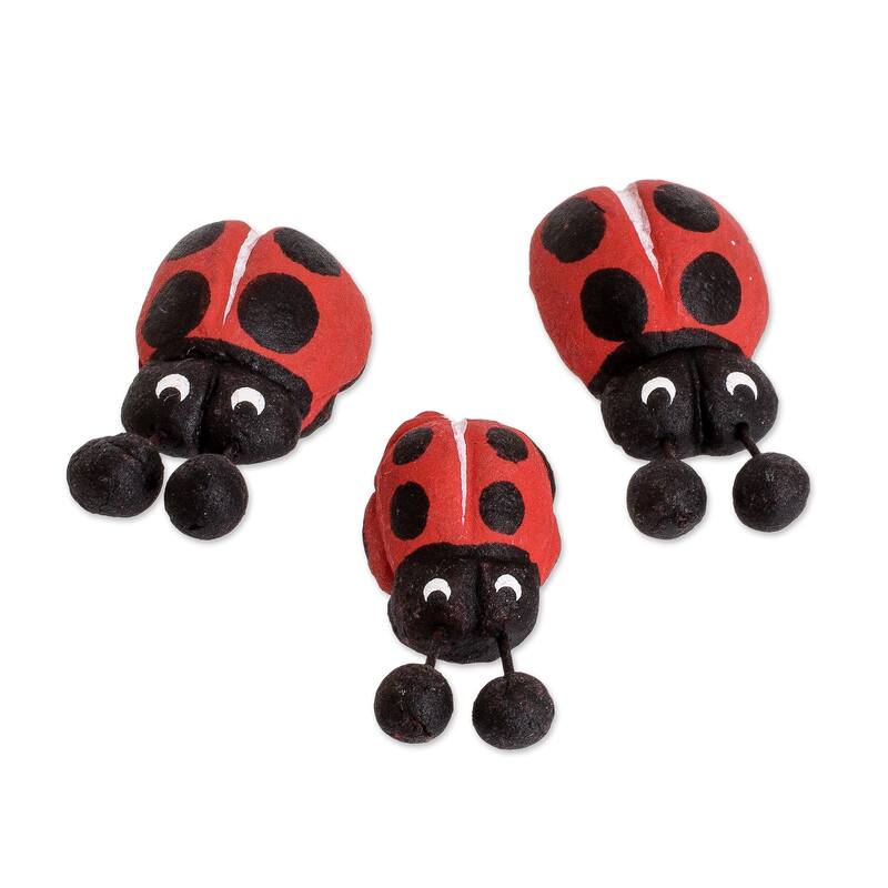 Novica Handmade Ladybug Family Ceramic Figurines (Set Of 3)