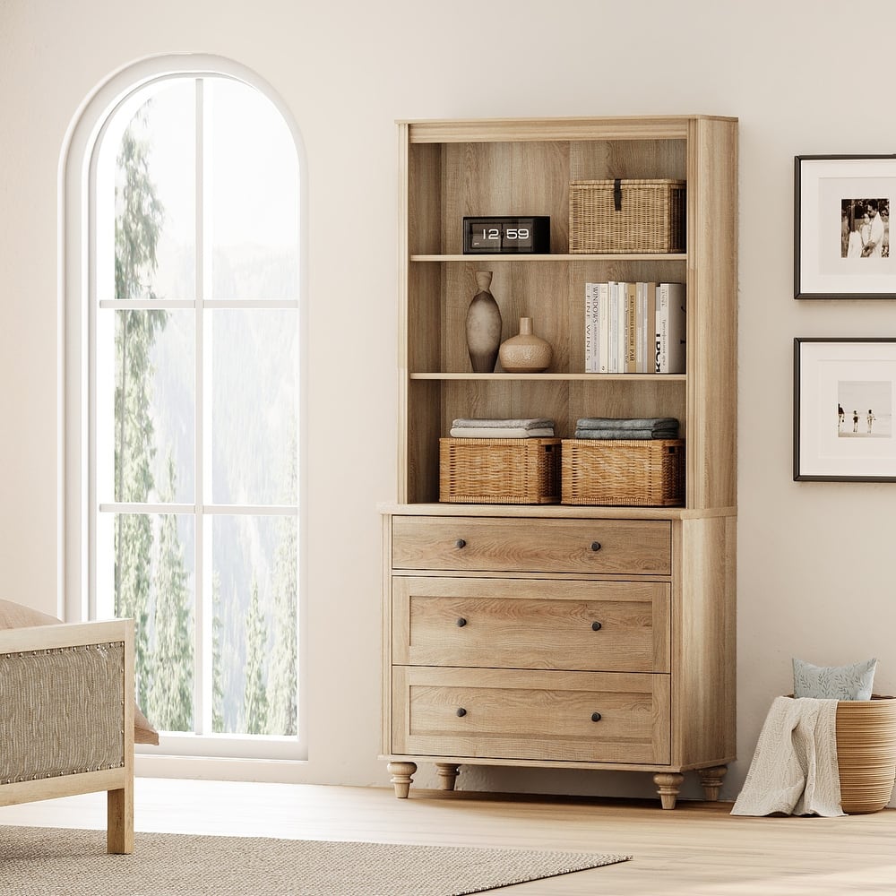 Oak Bookcase with Doors, Large Wood Farmhouse Book Case Shelf
