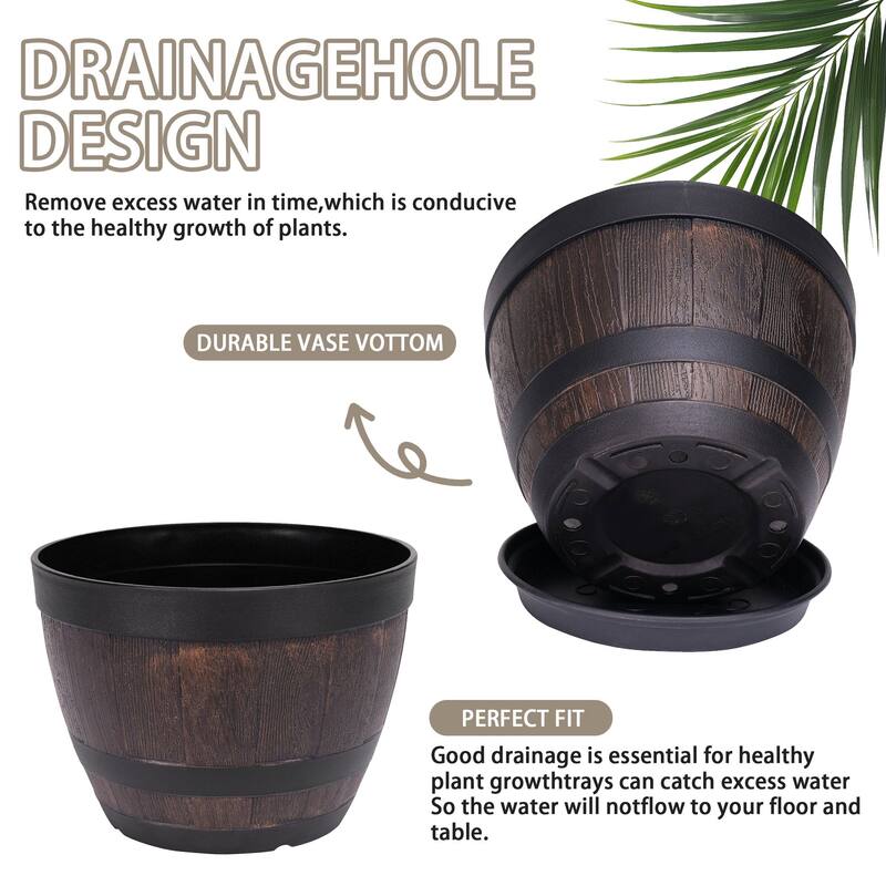 Javlergo 3 Pack 9" Barrel Planters Set with Drainage Holes PP Plastic Plant Pot Set for Indoor Use Outdoor Garden