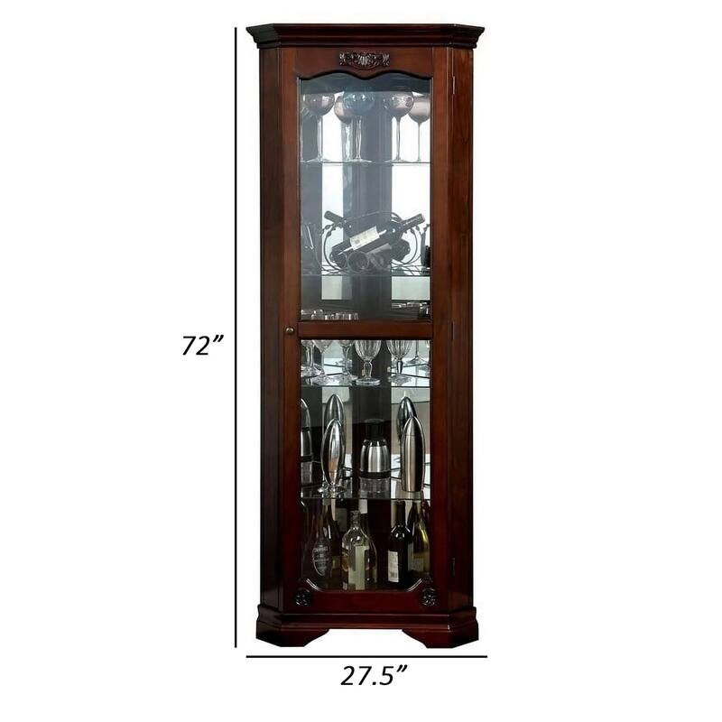 72 Inch Corner Curio Cabinet, 5 Shelves, Tempered Glass Door, Brown Wood