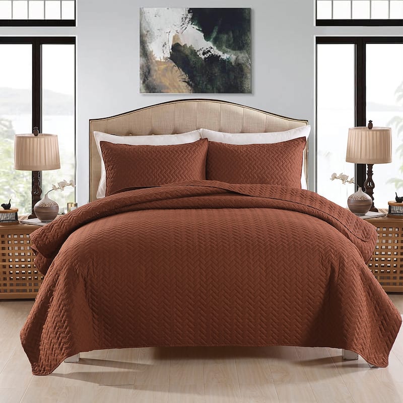3-piece Fashionable Solid Embossed Quilt Set Bedspread Cover - Brown basket weave - Queen
