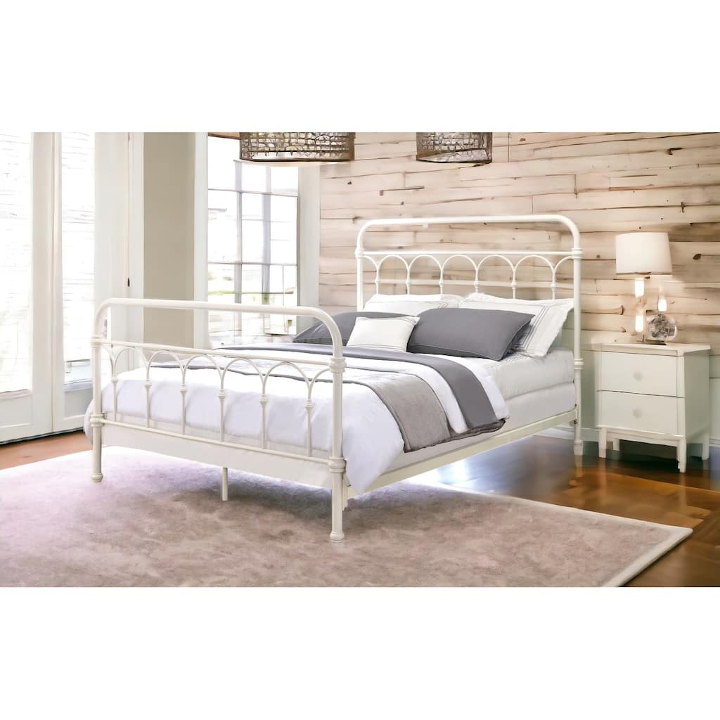 Classic White Full Bed with Spindle Headboard and Footboard, Metal Frame with Box Spring Support