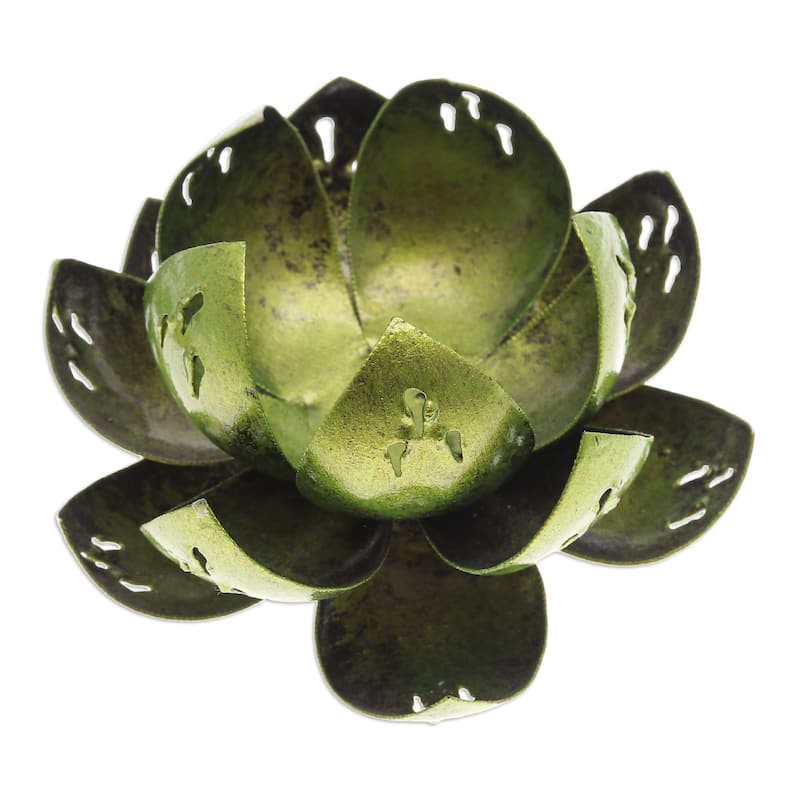 Novica Handmade Precious Lotus In Light Green Steel Tealight Holder