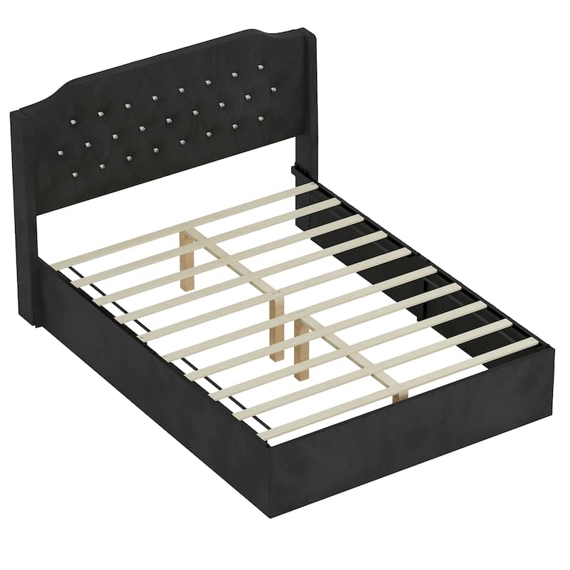 Queen Size Platform Bed with Wingback Headboard, Velvet Upholstered Bed Frame with Crystal Button Accents, Wood Slats Support