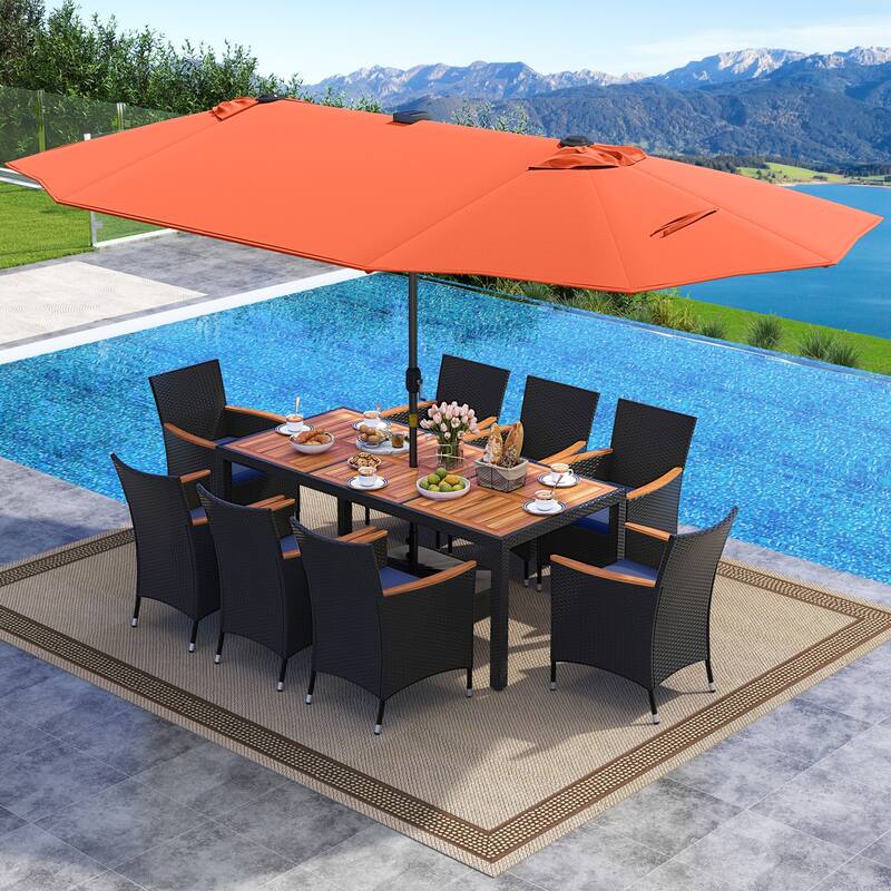 Gymax 11 PCS Patio Dining Set w/ 15ft Double-Sided Patio Umbrella - Orange