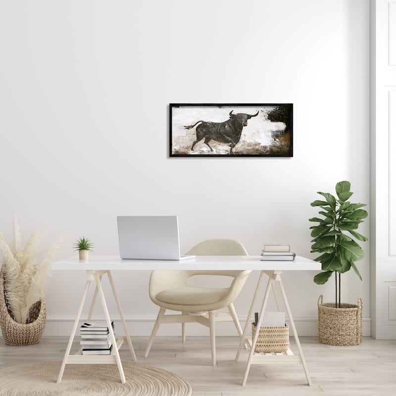 Stupell Rustic Running Bull Abstract Animal Painting Wild Cattle Framed Wall Art - Off-White