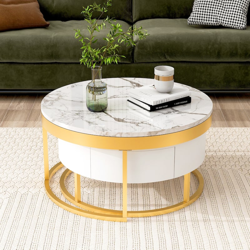 Modern Round Nesting Coffee Table with Drawers in White On Sale Bed