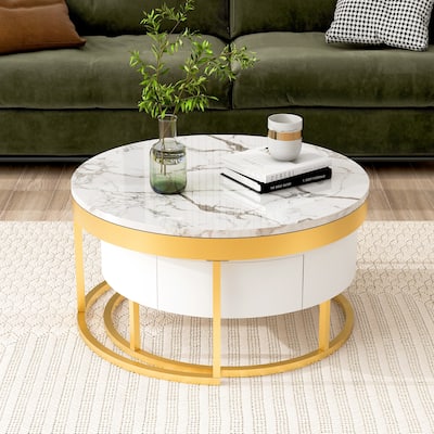 Round Nesting Coffee Table with Drawers in White