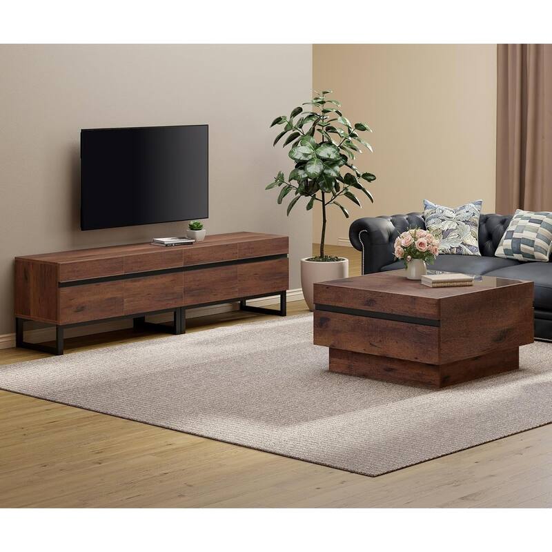 WAMPAT Modern TV Stand and Coffee Table Set of 2, Brown - 3 Piece