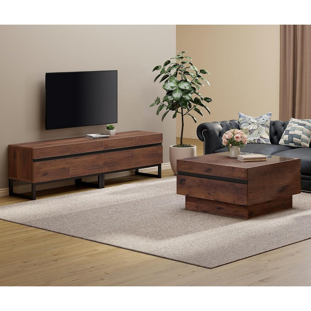 WAMPAT Modern TV Stand and Coffee Table Set of 2, Brown