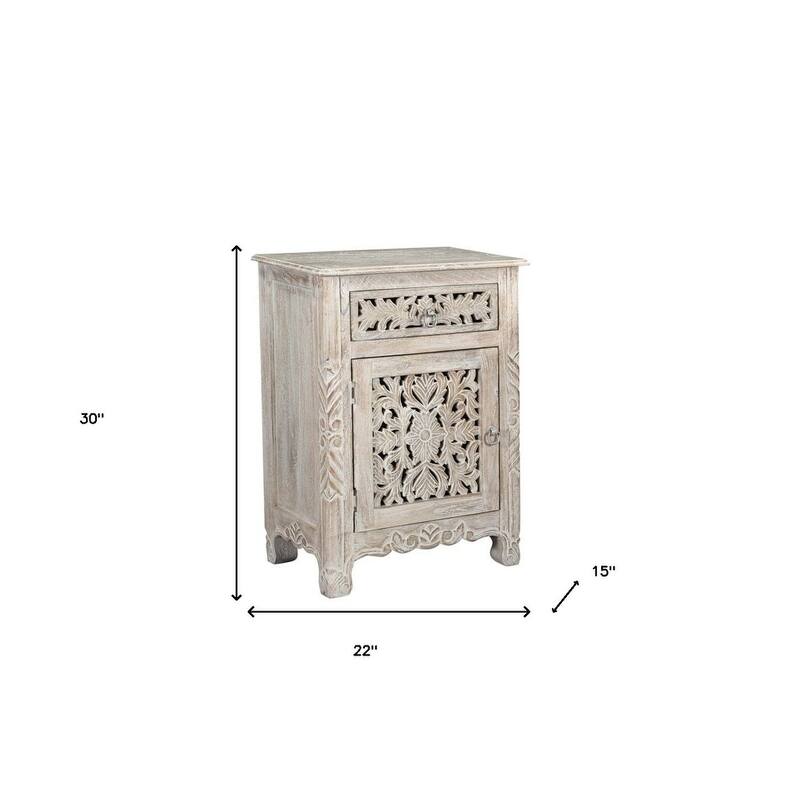 HomeRoots 30" Distressed White One Drawer Floral Carved Solid Wood Nightstand