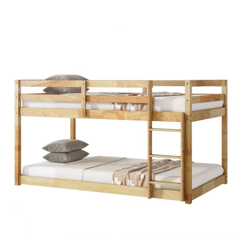 Wooden Twin over Twin Floor Bunk Bed with Ladder, with Bed Platform of Strengthened Slats