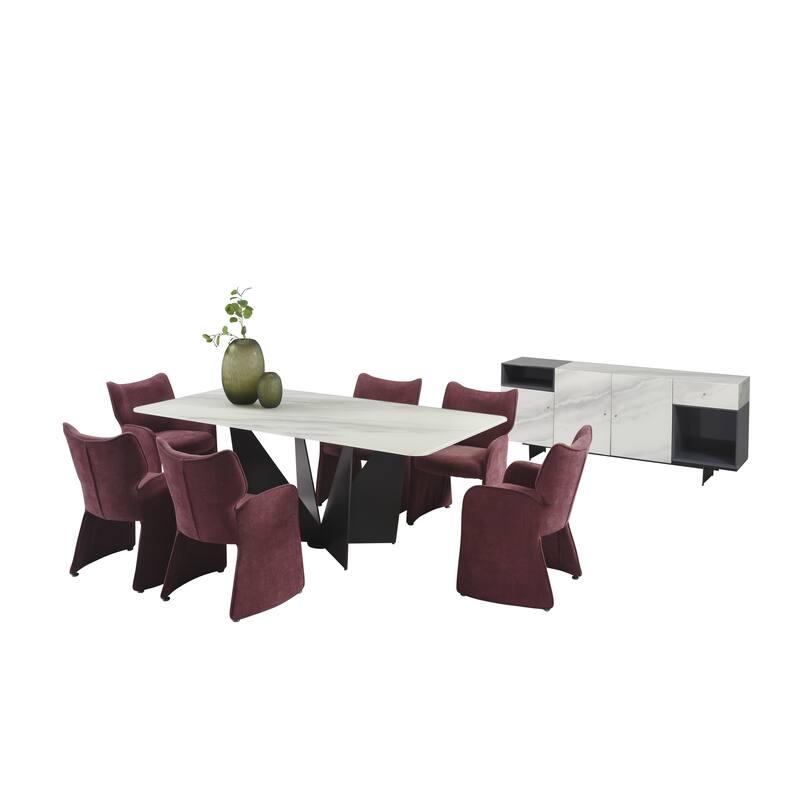 Olivia Modern 8-Piece Dining Set with Tempered Glass Table, Upholstered Armchairs, and 3-Door Sideboard