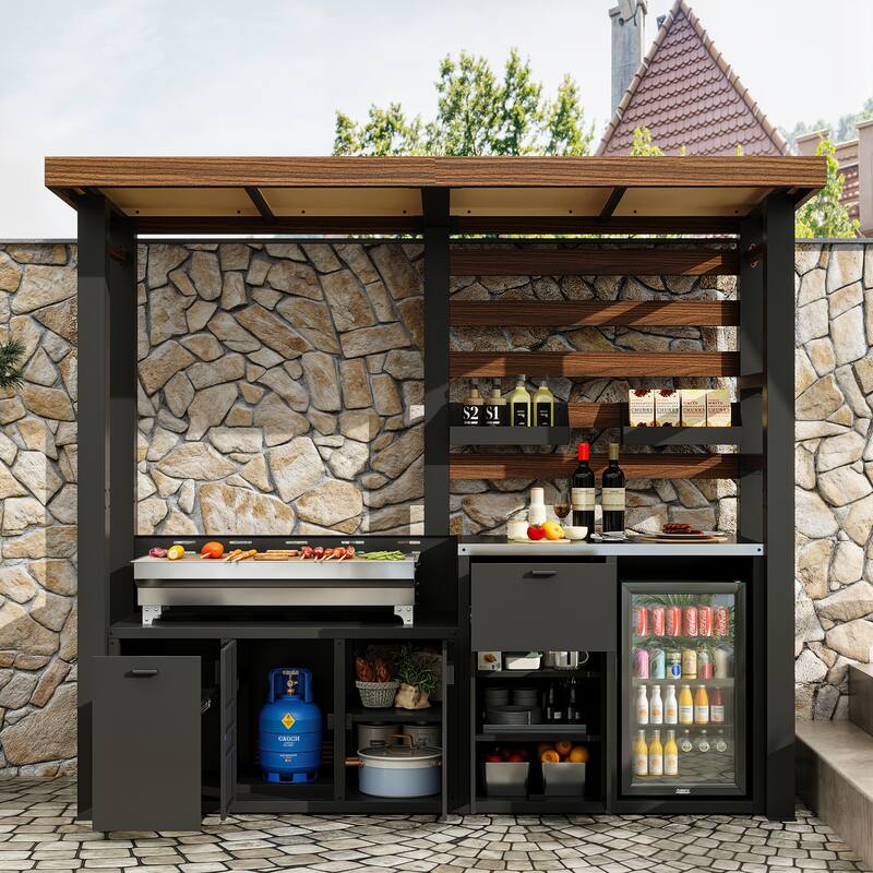 Patio Grill Workstation with Fridge Slot, Hidden Trash Bin & Weather-Resistant Roof Outdoor Kitchen BBQ Grill Station