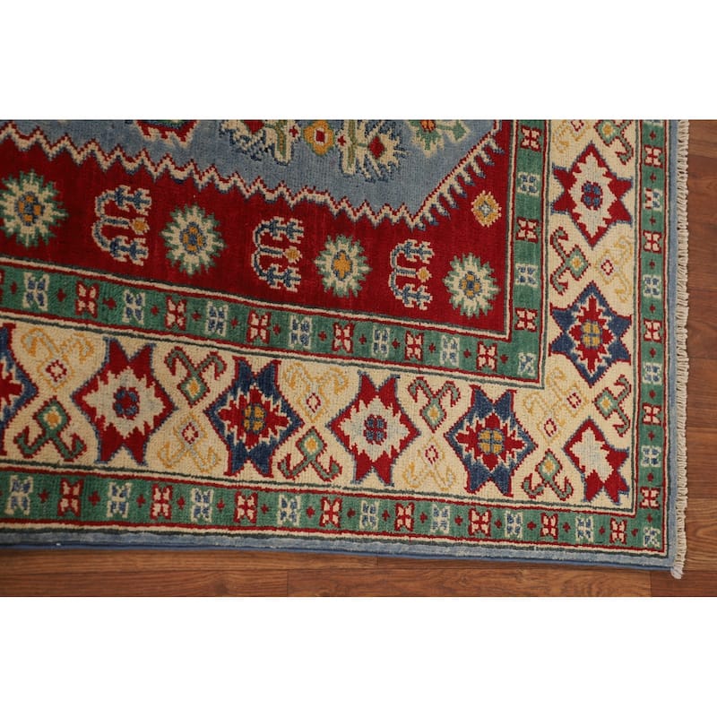 Light Blue Kazak Rug Handmade Geometric Wool Carpet - 4'10" x 6'1"