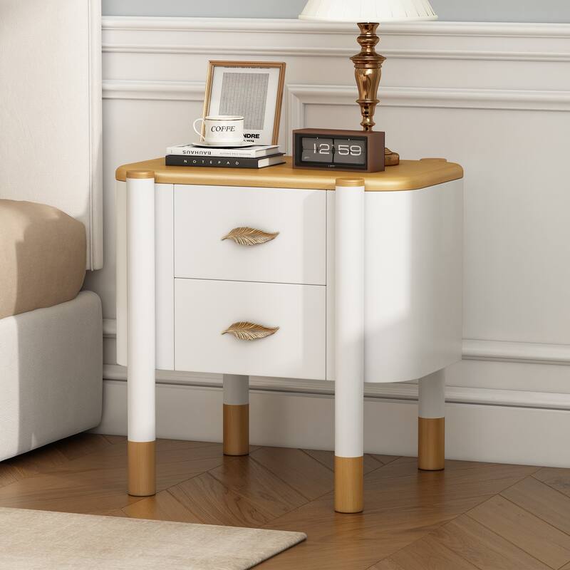 Contemporary 2 Drawers Nightstand with Curved Profile Design, Bedside Table with Metal Feather-Shaped Handles and Exposed Legs - White