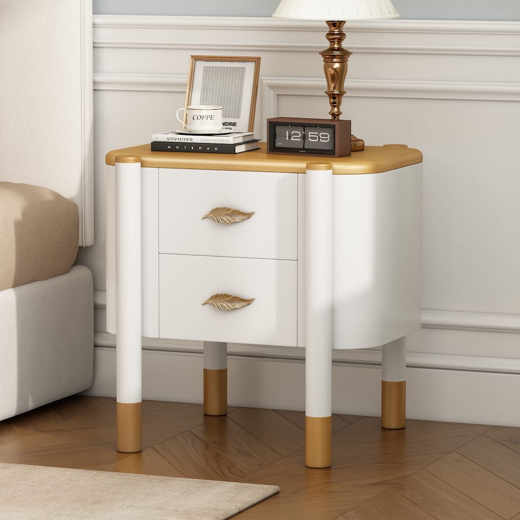 Contemporary 2 Drawers Nightstand with Curved Profile Design, Bedside Table with Metal Feather-Shaped Handles and Exposed Legs