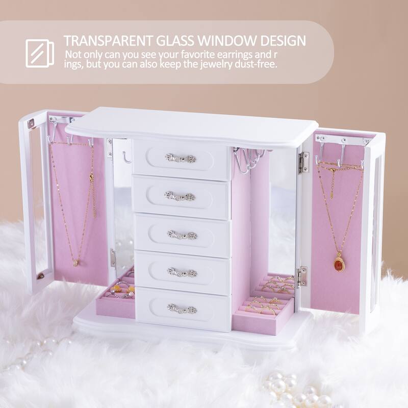 Classic vintage Jewelry Boxes for Women, 5 Layer Drawer Wood Jewelry Boxes and built-in Hooks and Attached Mirror