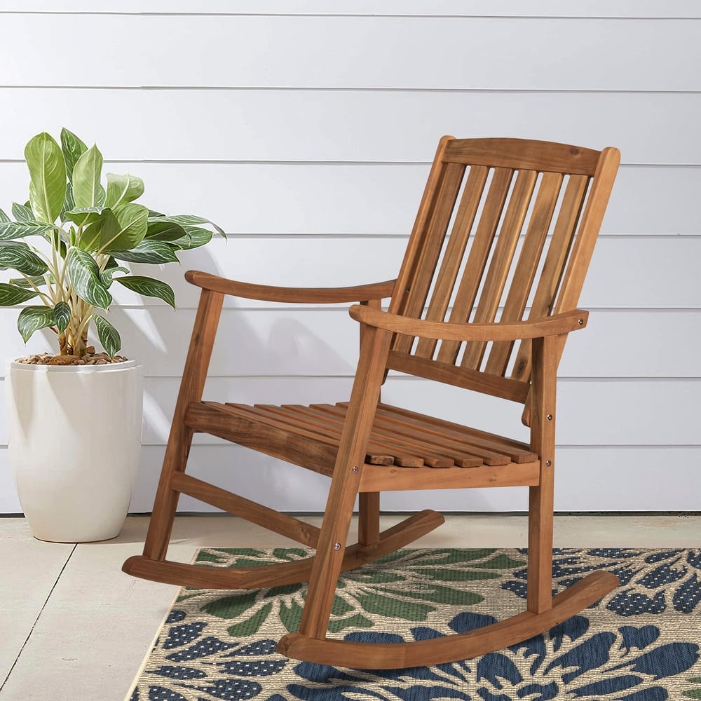 Perry Classic Slat-Back 300-Lbs Support Acacia Wood Patio Outdoor Rocking Chair, by JONATHAN Y - 22.4"