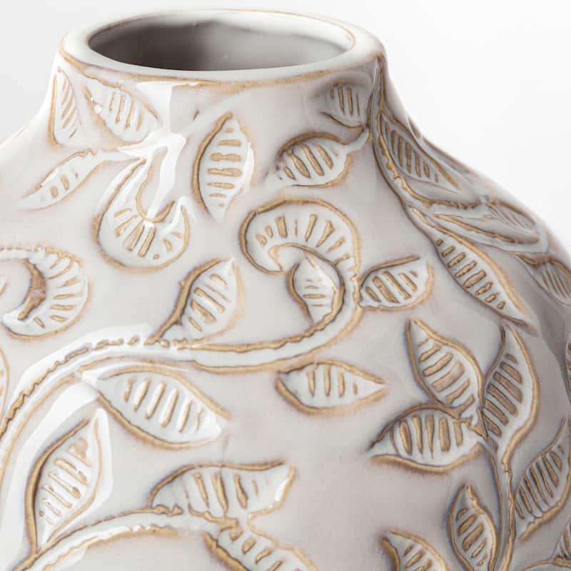 Jadiza I Small White Glaze Floral Patterned Ceramic Vase