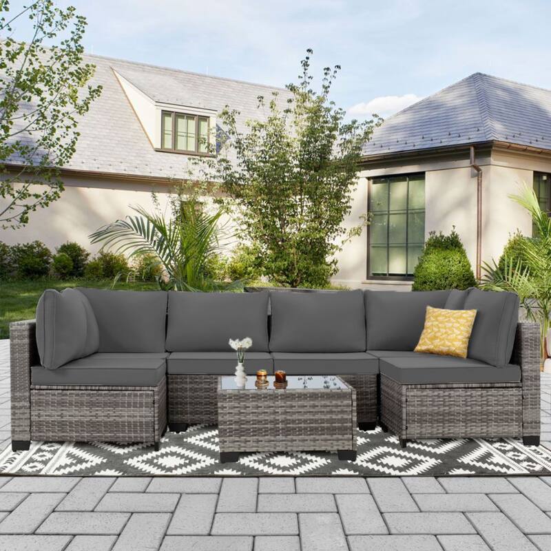 7-Piece Wicker Patio Conversation Set with Cushions,6 Sofas, 1 Table - Gray