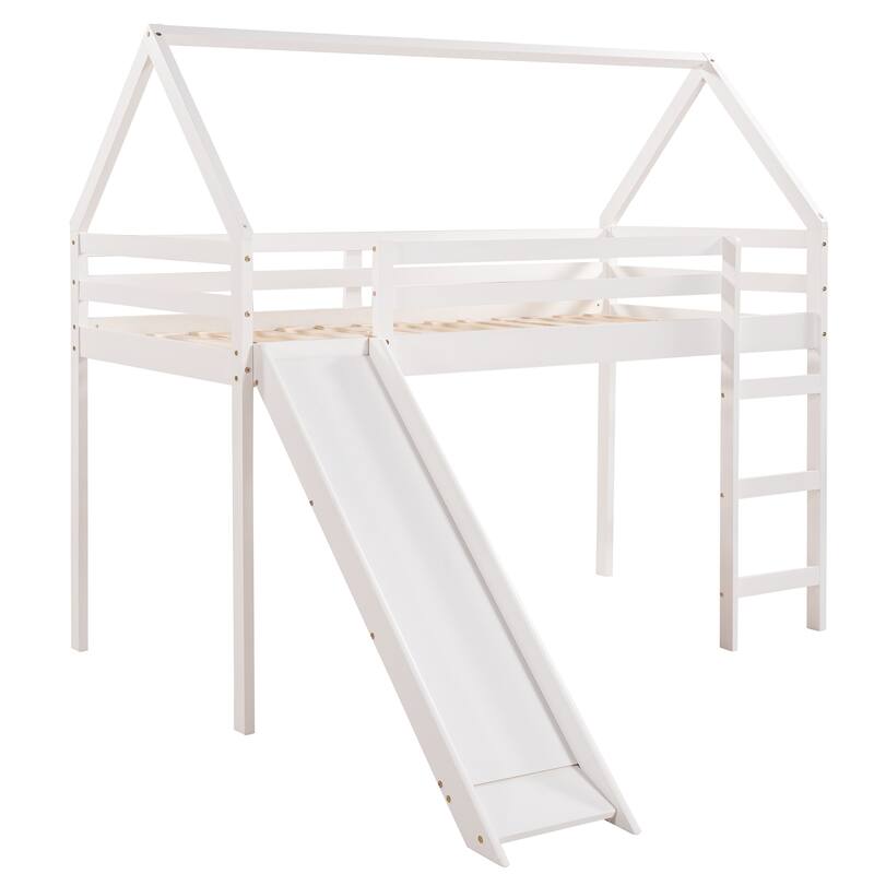 House Loft Bed with Slide, Twin Size Loft Beds with Slide, Ladder and