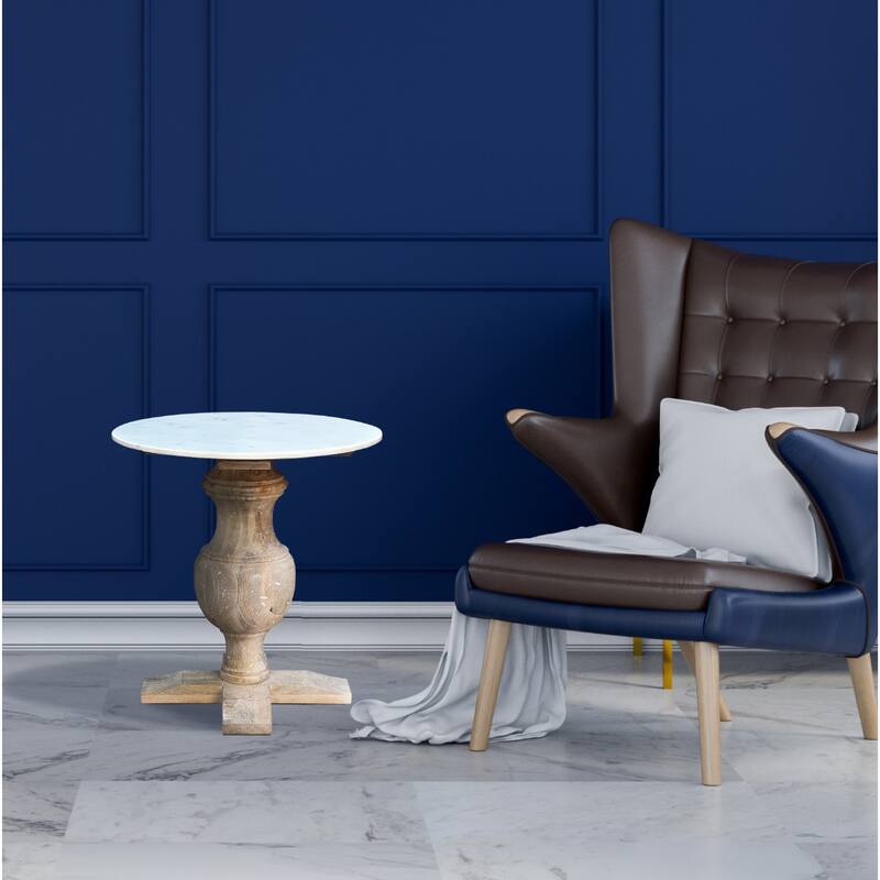 Brown Marble Top End Table with Solid Wood Pedestal Base 26 Inch - 22” x 22” x 26” (D x W x H)