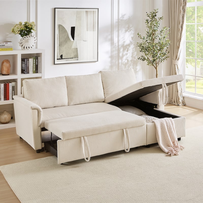 Pull-out Daybed L-Shaped Loveseat Sofa with Storage Chaise Lounge Convertible Sleeper Sofa Bed Tufted Upholstered Reclining